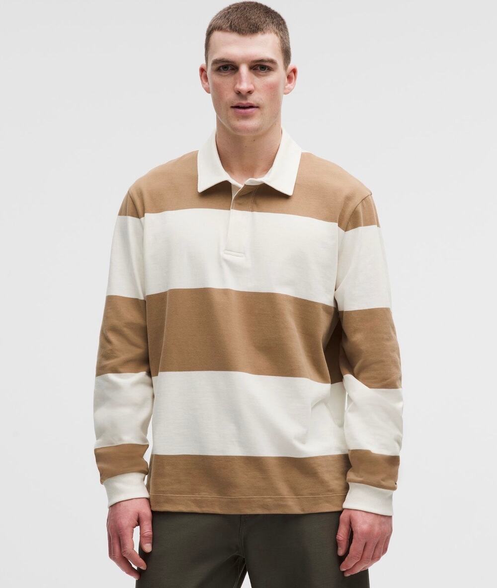 Lululemon Men’s Striped Long Sleeve Rugby Polo Shirt Tan and White XL NWT